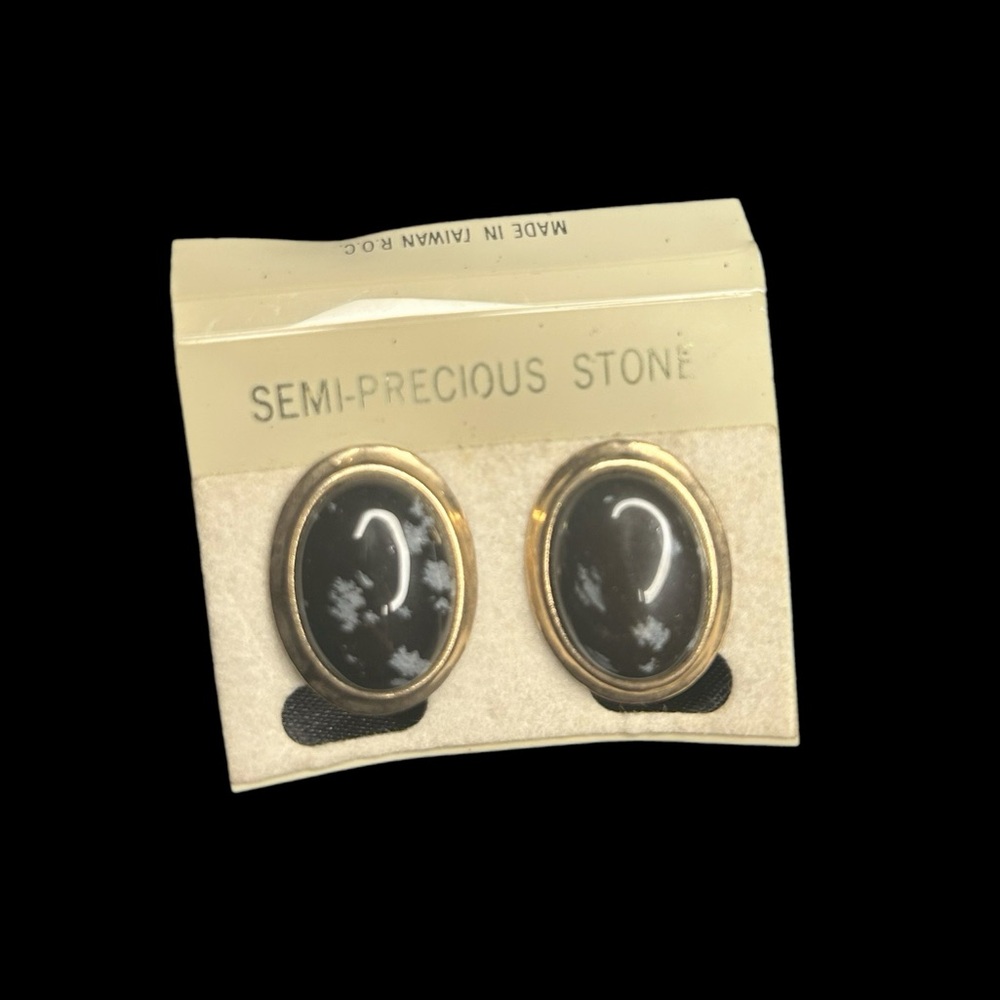 Clip-On Vintage Gold Accent Black Marble Semi-Precious Stone Earrings
